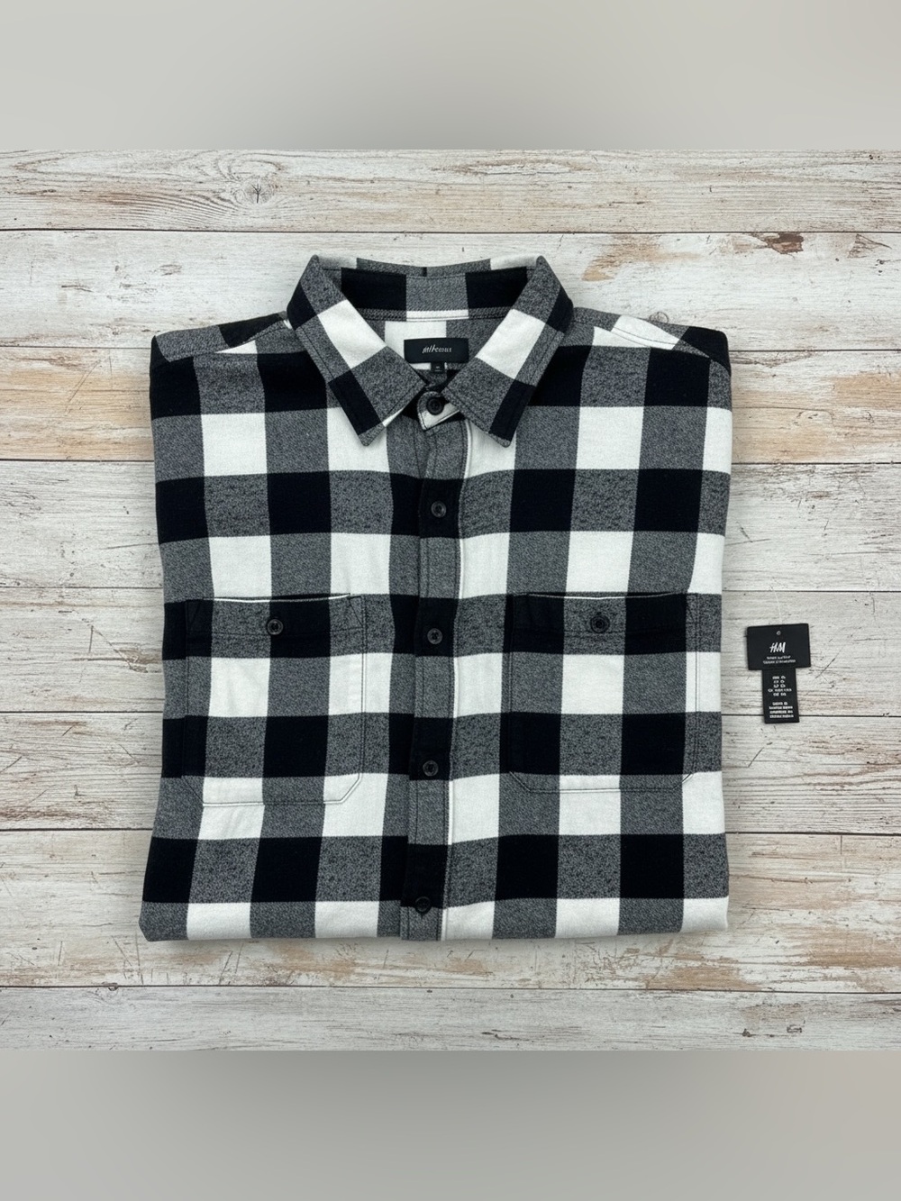H&M Regular Fit Buffalo Plaid Hooded Flannel Shirt XL Black White
